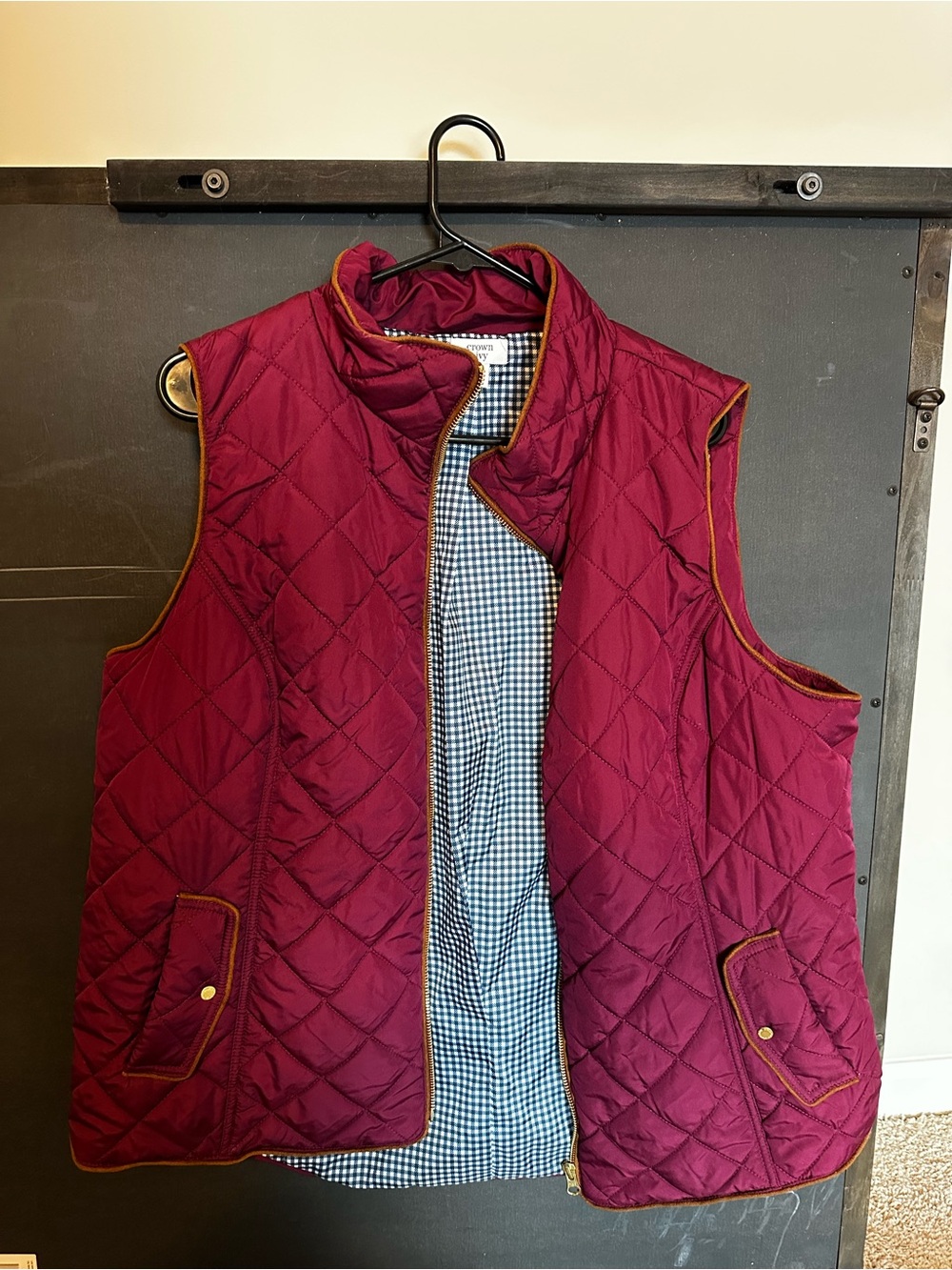 crown & ivy Quilted Burgundy Vest with Tan Trim